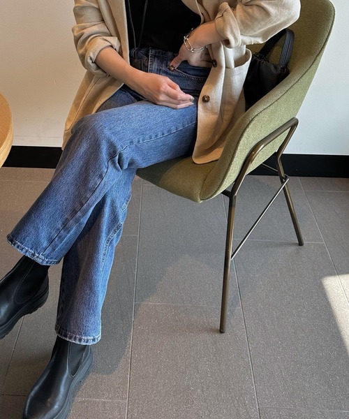 ハイウエストダメージヘムストレートデニムパンツ（デニムパンツ