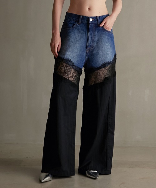 デニムレースブロッキングパンツ / Denim Lace Blocking Pants（デニム