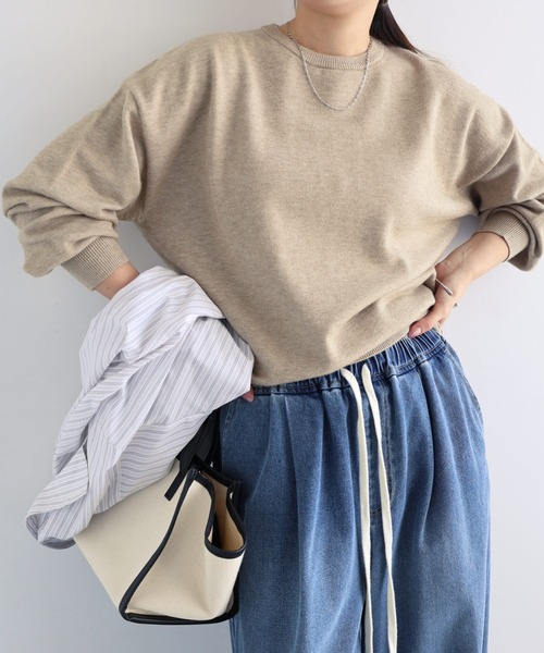 セール】【新色追加】クルーネック無地ボーダー長袖ニットトップス