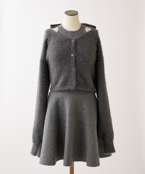 セール】【S/Mサイズ展開】2wayフェザーカーデSET後ろリボンニット