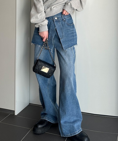 セール】[3サイズ展開][全骨格美脚見え]スカートレイヤード風ワイド