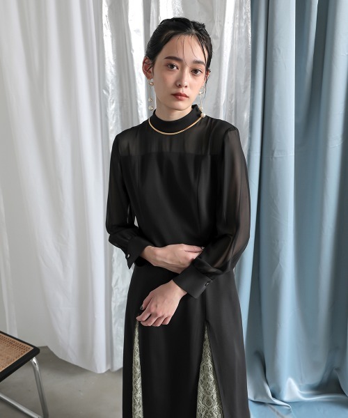 Callarus〕裾スリットレースデザインロング丈ワンピースドレス（ドレス