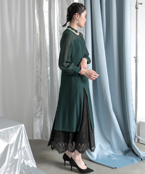 Callarus〕裾スリットレースデザインロング丈ワンピースドレス（ドレス