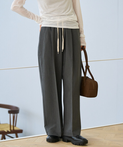 セール】スラックス イージーパンツ/チェックパンツ/タックワイド