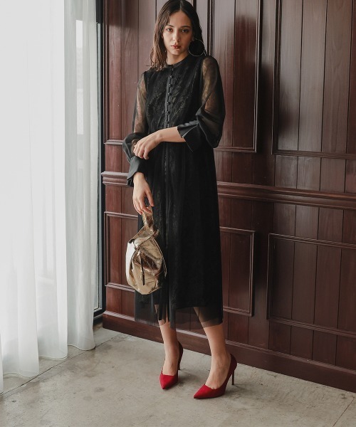 セール】リニューアル［Callarus］チュール使い花柄デザインワンピース