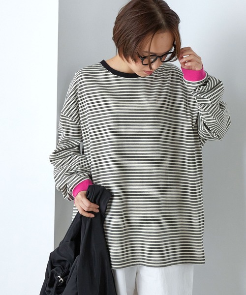forksy.】配色リブオーバーサイズカットソー/ボーダー・無地 forksy