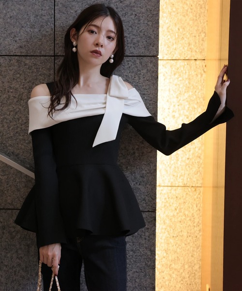 オフショルリボンドッキングニット（ニット/セーター）｜Rirandture