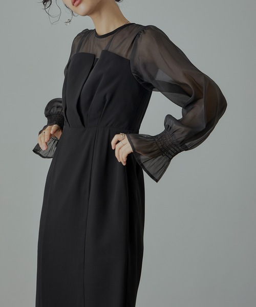 ビスチェ風ボリュームスリーブシフォンドレス 結婚式 同窓会 お呼ばれ