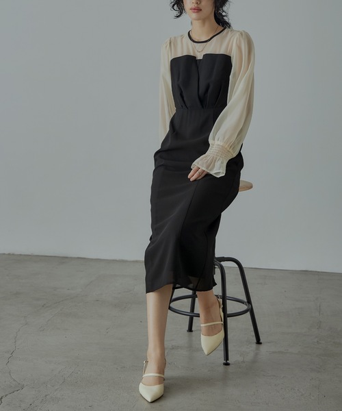 ビスチェ風ボリュームスリーブシフォンドレス 結婚式 同窓会 お呼ばれ