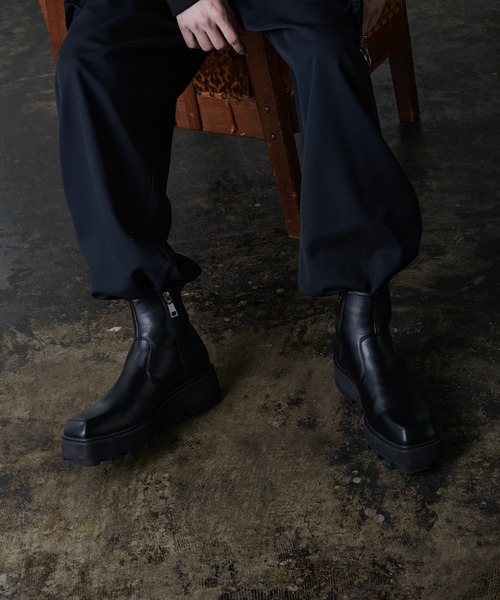 合皮スクエアトゥブーツ / サイドジップ / サイドゴア（ブーツ）｜act
