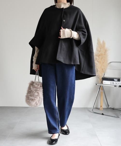 セール】フェイクウール ノーカラーケープコート/ポンチョ/秋冬