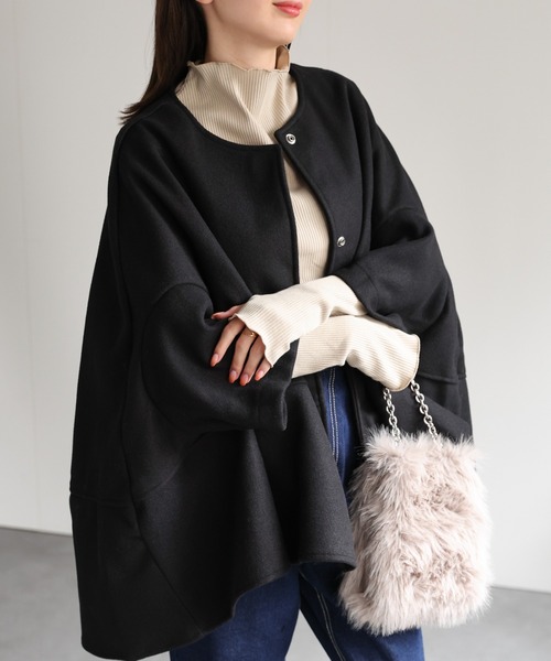 セール】フェイクウール ノーカラーケープコート/ポンチョ/秋冬