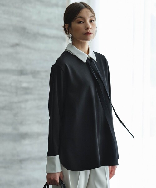 マラボーテWジョーゼット ボウタイ付きシャツカラートップス（Tシャツ