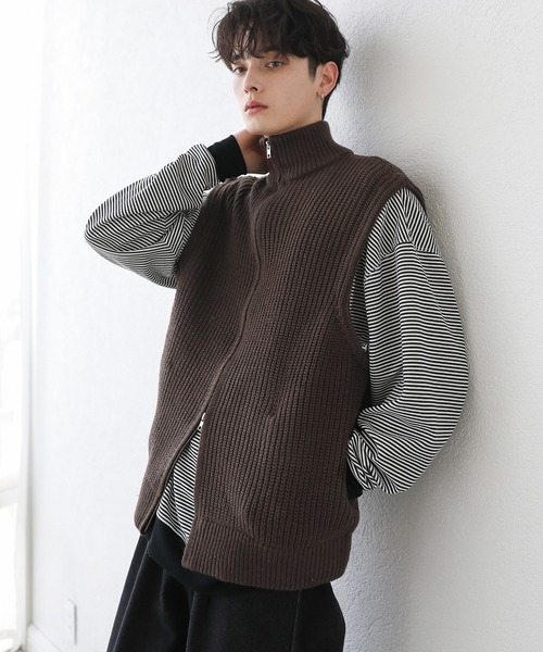 セール】ダブルジップ畦編みドライバーズニットベスト ジップベスト