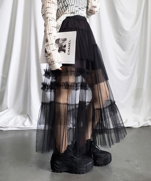 10color／裏地付 】アシメフリルシースルーボリュームチュール