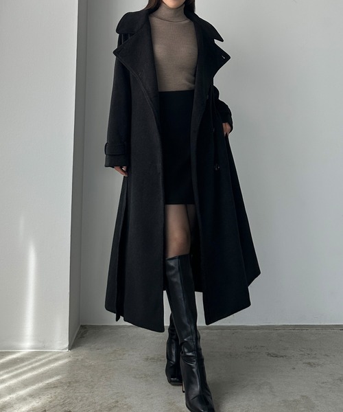 2wayハイネックウールライクウエストシェイプフレアコート（ステン