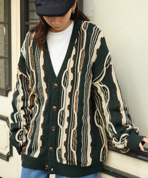 ヴィンテージライクジャガードストライプニットカーディガン MONO-MART