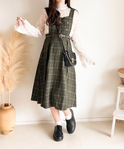セール】ベルト付きチェック柄ジャンパースカート（ワンピース