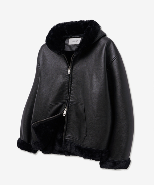 セール】8224 ウォッシングレザー フードムートン_ブラック（ムートン