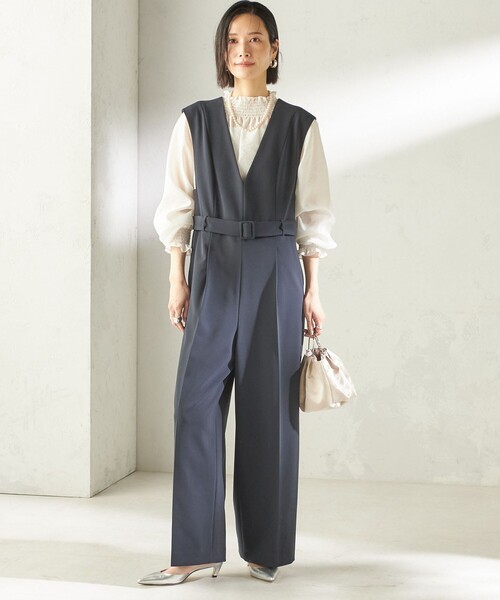 手洗い可能〉ダブル クロス Vネック ベルト付 オールインワン