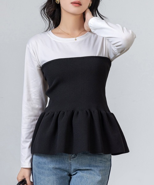 レディース 2WAYペプラム切替えニットビスチェ/ベアトップ（チューブ