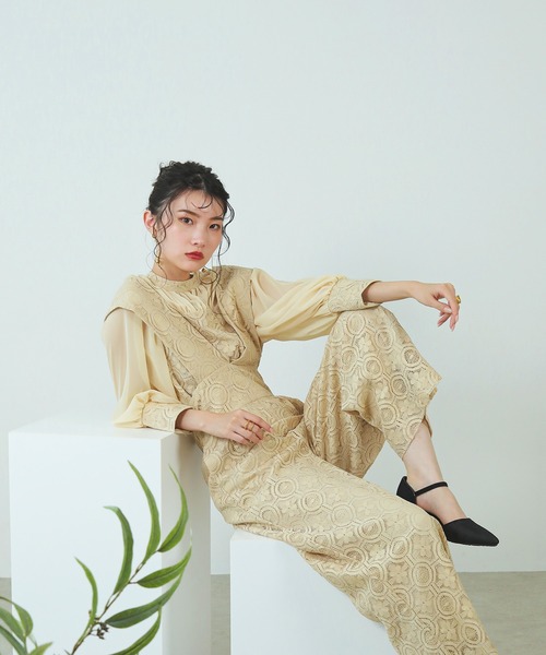 幾何学柄 レース セットアップ パンツ パーティー ドレス 結婚式