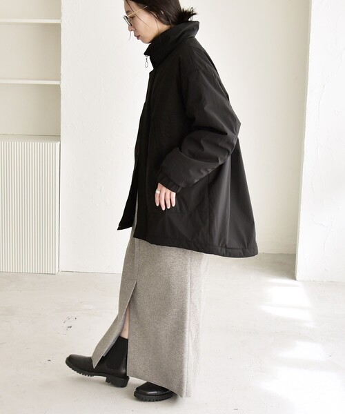 STONE フーデッド中綿ミドルコート ブラック ダブルジップ quaranciel