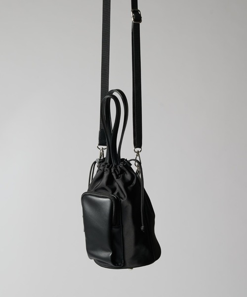 シンセティックレザーナイロンコンビ2way巾着ショルダーバッグ