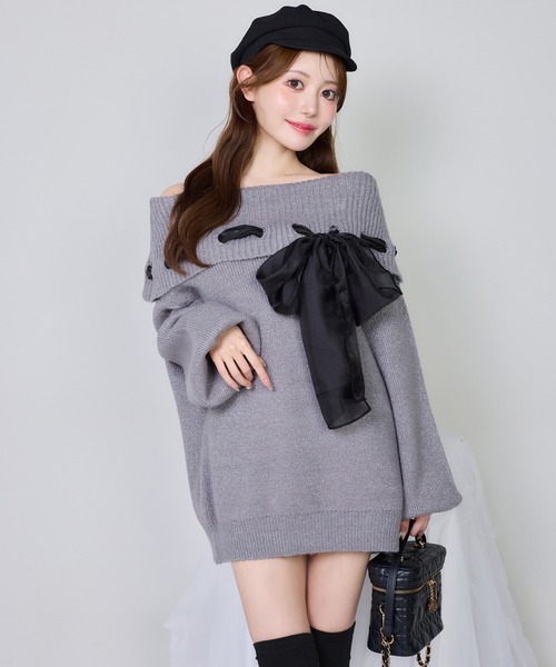 セール】リボン付きオフショルニットワンピ（ワンピース）｜one after