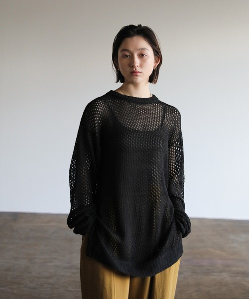 セール】クルーネック透かし編みメッシュニットトップス（ニット