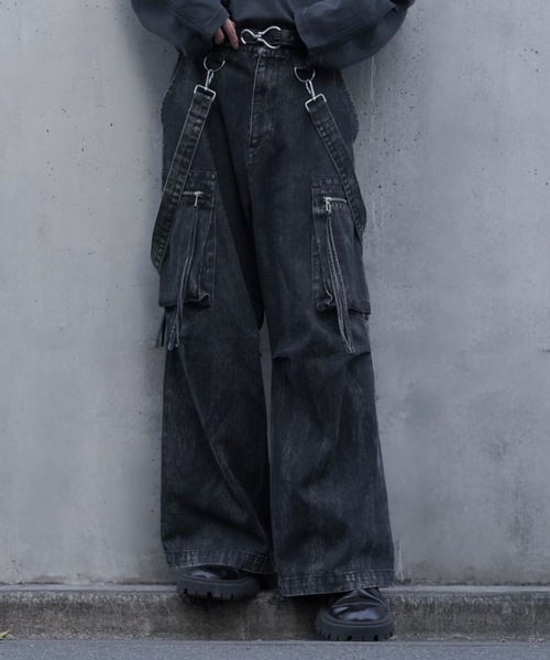 ルーズシルエットハイウエストサスペンダーZIPポケットデニムカーゴ