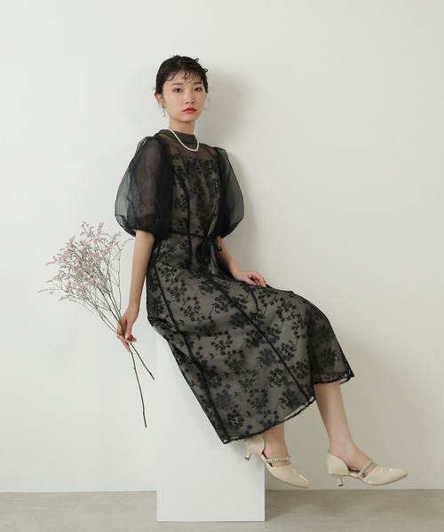 kana シアー素材 ボリューム袖 レース オケージョン ドレス モカ　Sサイズ シアー素材 ボリューム袖 レース オケージョン ドレス