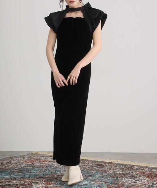 ミモレ丈&袖ありフォーマルタイトバルーンスリーブベロア素材ドレープ