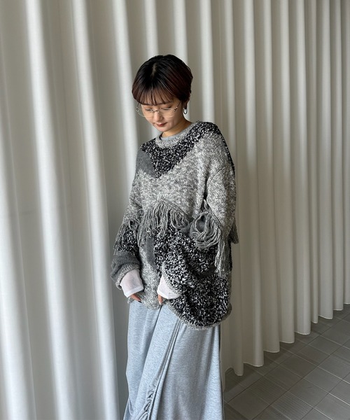 Ameri（アメリ）の「DOCKING PATTERN FRINGE KNIT（ニット/セーター