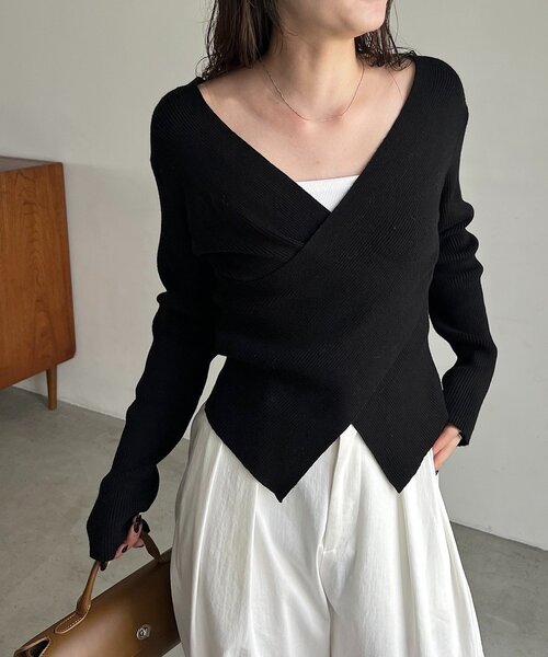 新色/ライトベージュ・グレー】クロスVネックニット（ニット/セーター