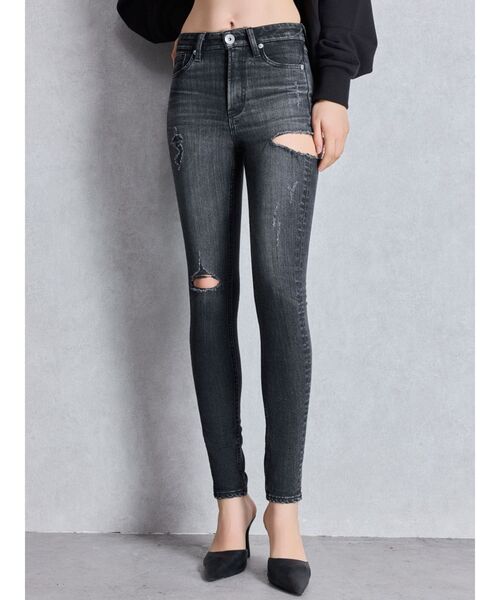 ミドルウエストSIDE RIPPEDスキニーデニムパンツ（デニムパンツ