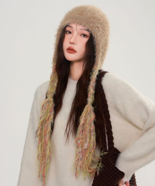 セール】モヘアニット フリンジイヤーキャップ ビーニー/MIXカラー