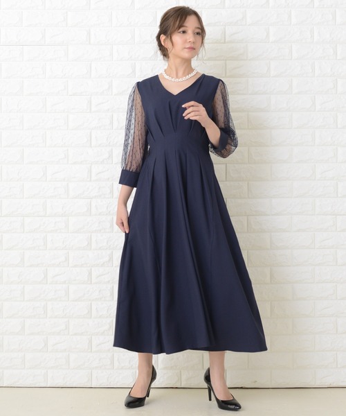 ドット柄 シアー袖 ロングワンピースドレス（ドレス）｜Lace Ladies