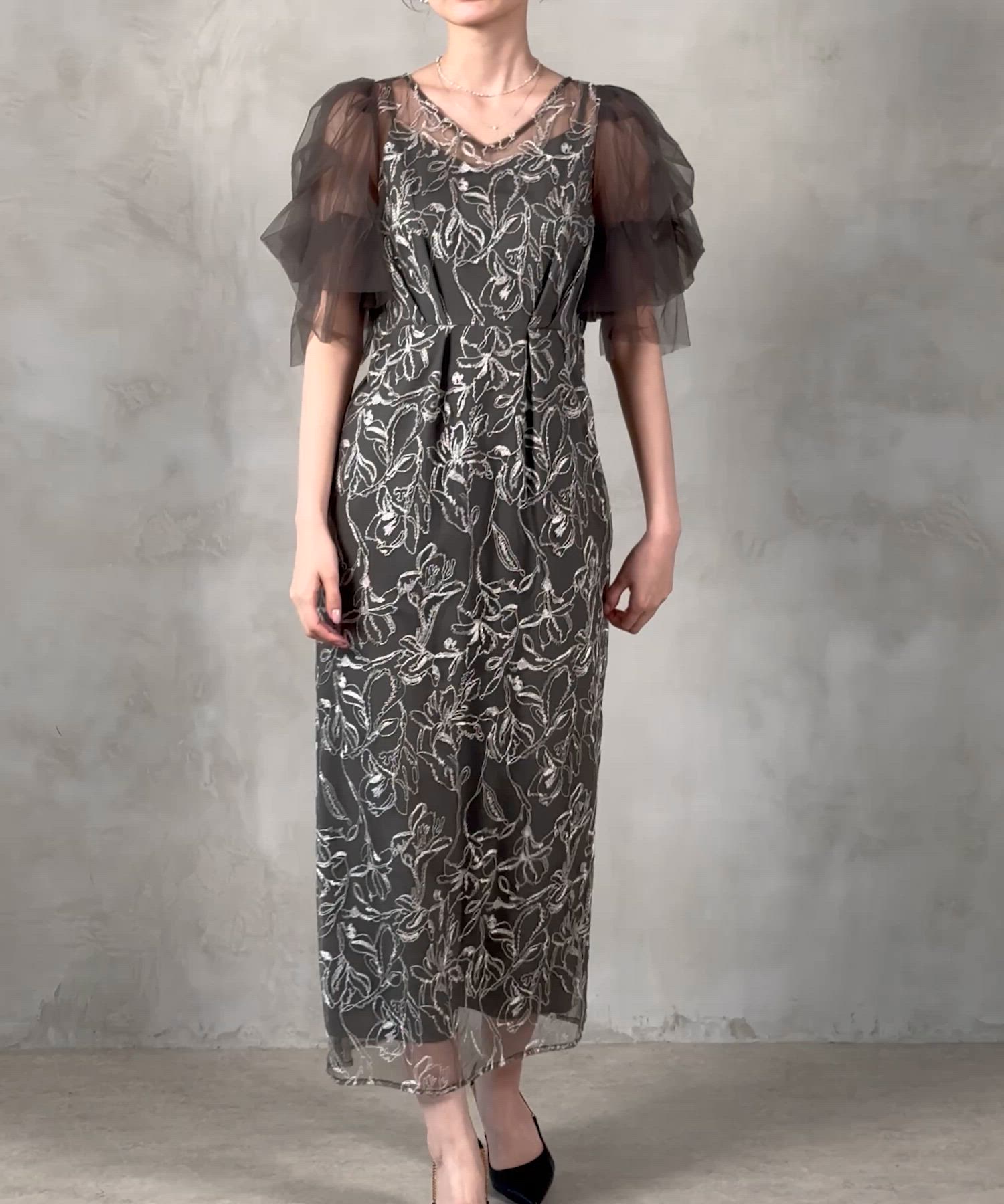 セール】刺繍レース チュールスリーブ コクーン パーティードレス 結婚