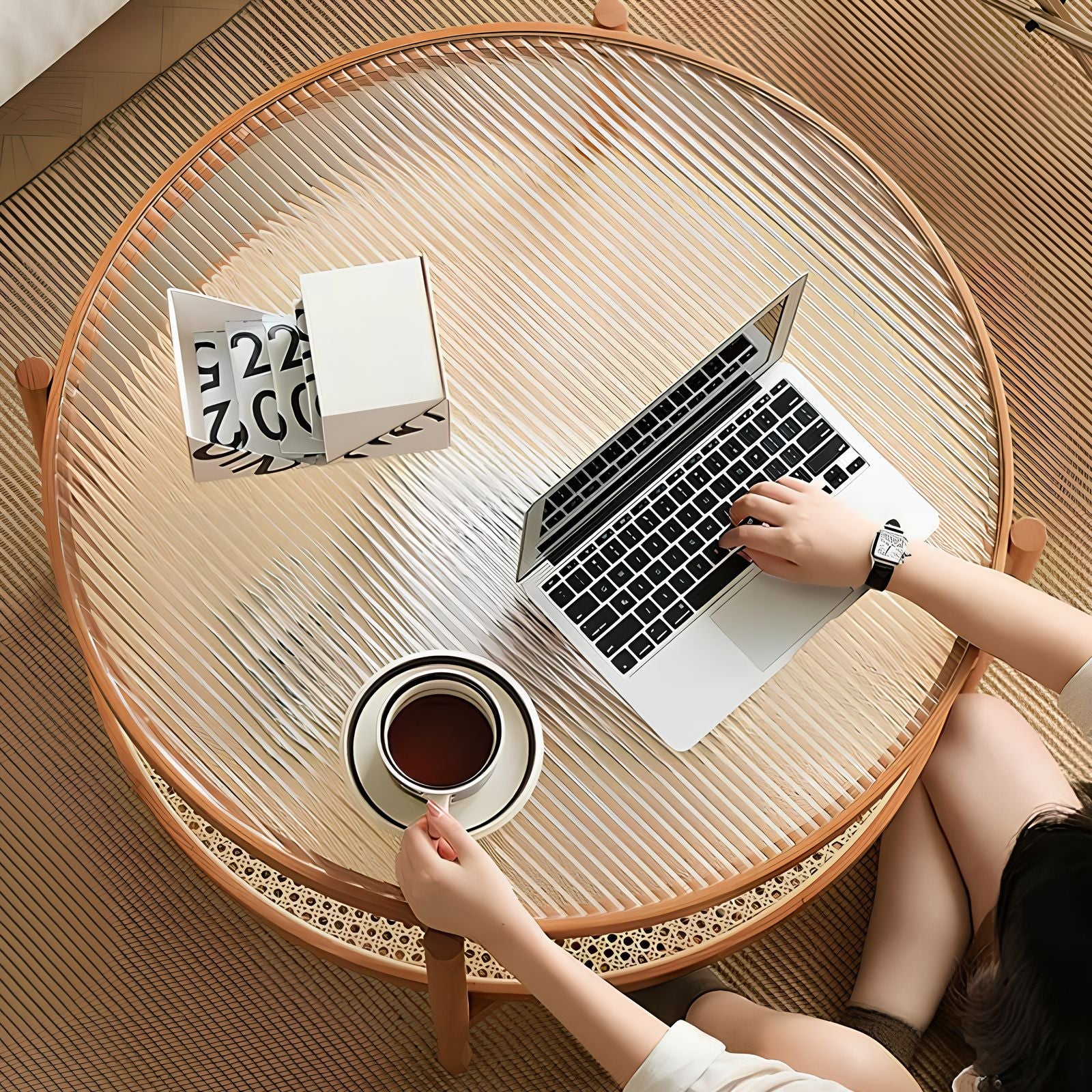 ローテーブル ガラス テーブル 木製 センターテーブル 円形 直径80cm