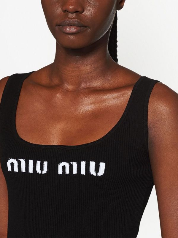 Miu Miu logo-knit Ribbed Tank Top | Black | FARFETCH