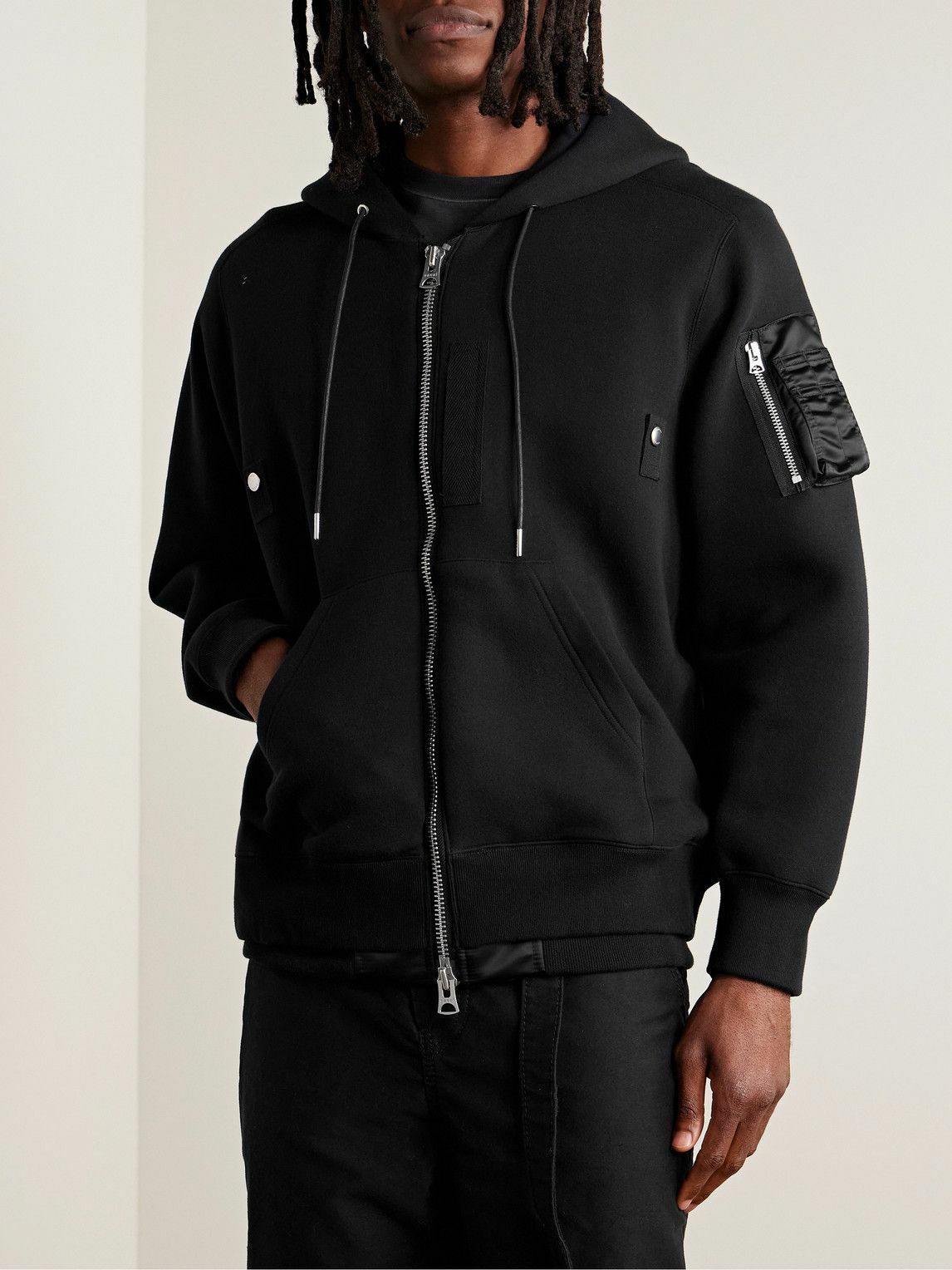 Sacai - Nylon-Trimmed Cotton-Blend Jersey Zip-Up Hoodie - Black Sacai