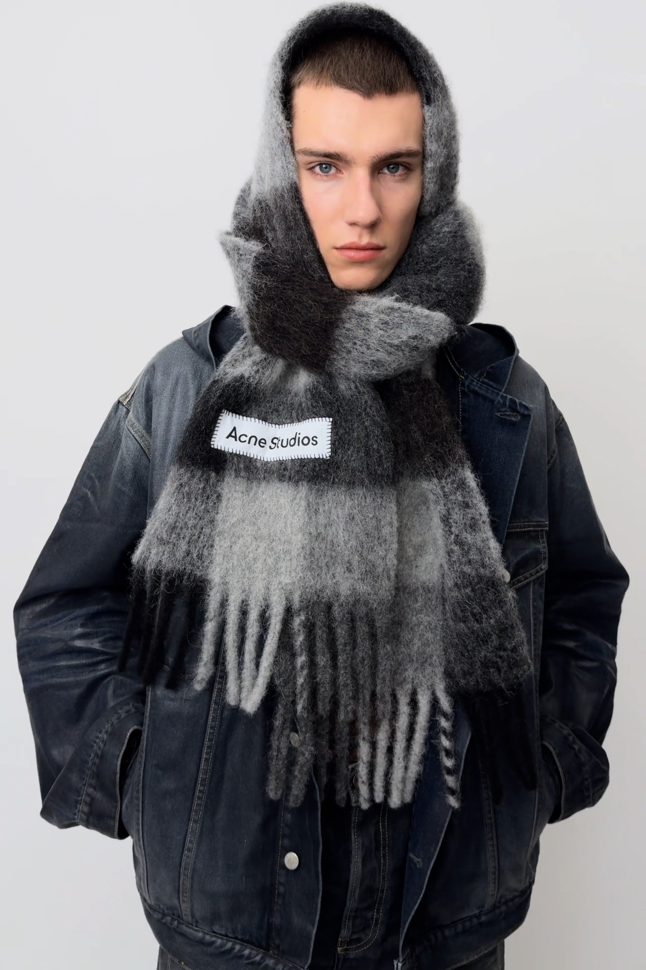 Acne Studios - モヘアチェックスカーフ - ダークブラック/グレー