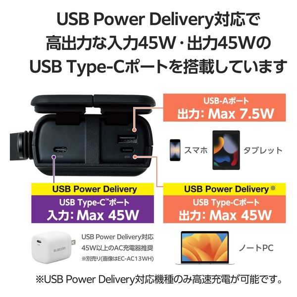 モバイルバッテリー 大容量 PC充電 45W USB-C/A 30000mAh DE-C41