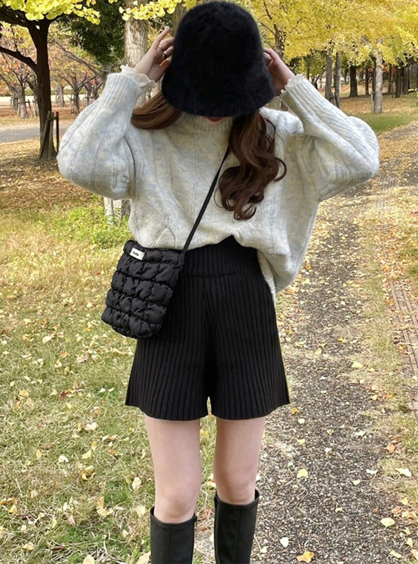 ハイウエストリブニットショートパンツ[an1235] | レディース