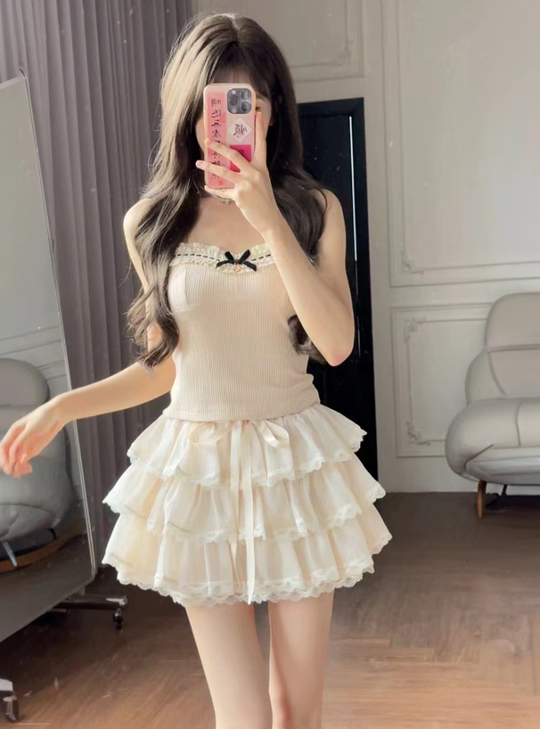 インパン付きシアーフリルティアードレースミニスカート[at2547