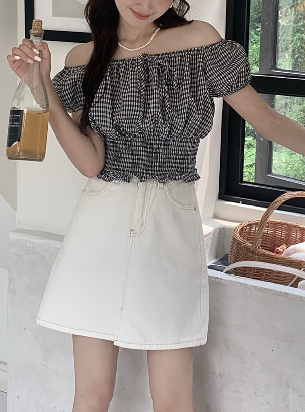 チェック柄オフショルダーリボンショート丈トップス[at2072