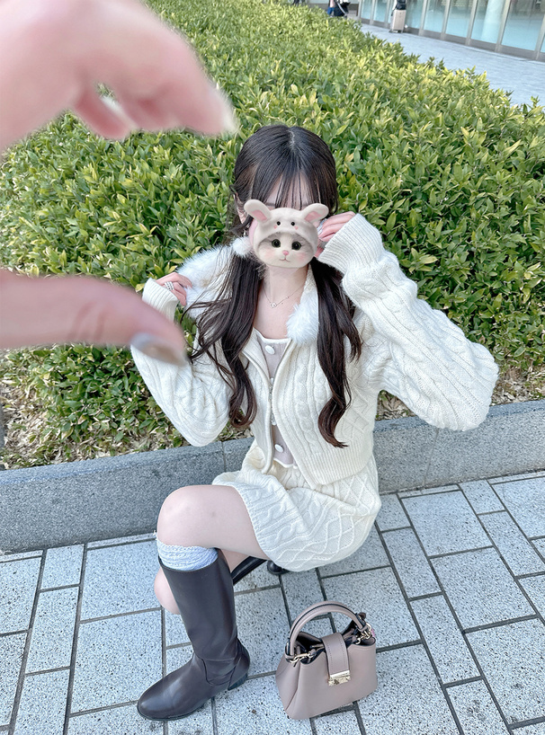 ケーブル編みファーニットパーカー×ミニスカートセットアップ[gf90a