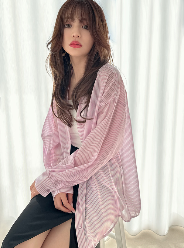 ストライプ柄バックレースアップシアーシャツ[dk955] | レディース