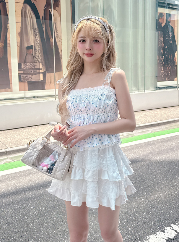 花柄チュールリボンストラップペプラムキャミソール[dk1526